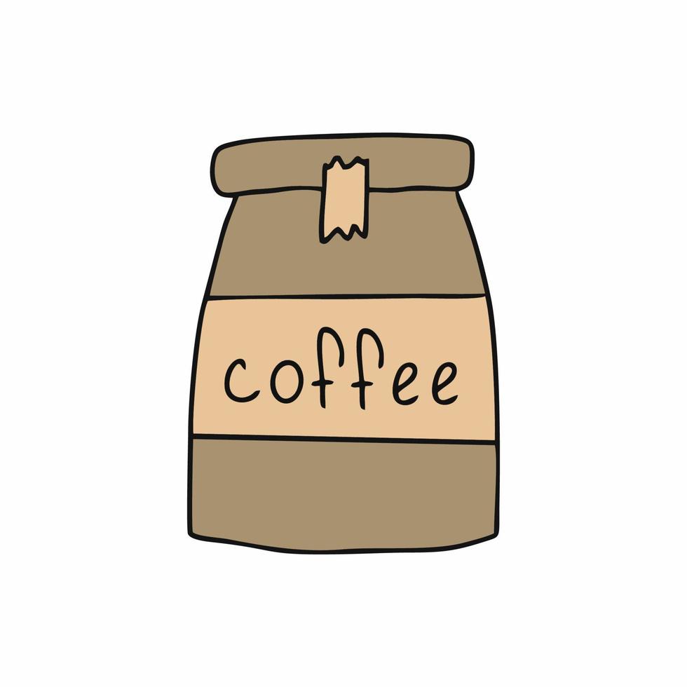 Instant coffee in a paper package with the label coffee. Vector illustration in Doodle style.