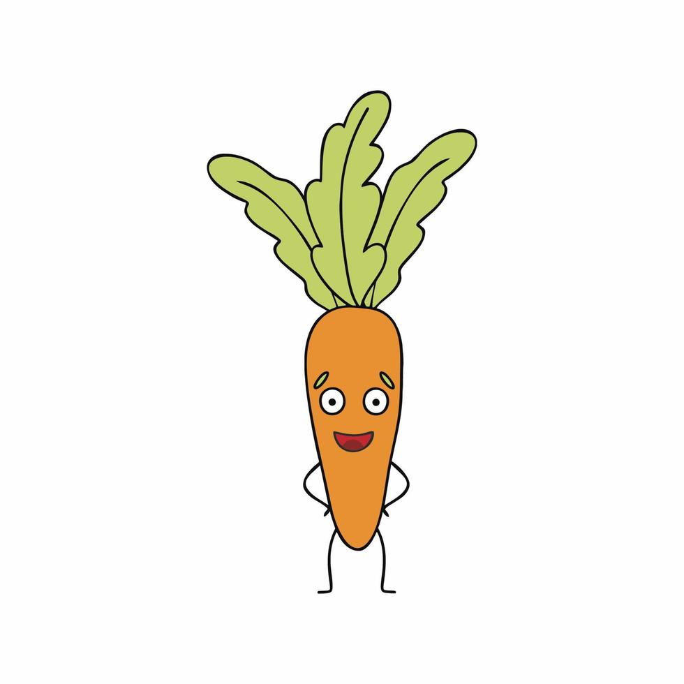 Funny carrot with eyes and smile. Funny vegetable stickers. Healthy diet. Vector flat character for children.