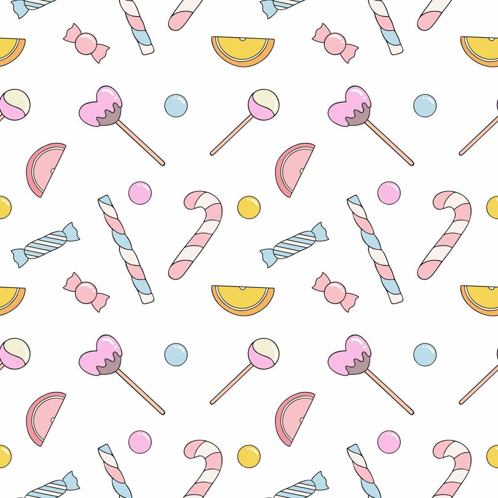 Endless seamless background with sweets and candies. Lollipops and candies on a white background. Wallpaper for sewing clothes, printing on fabric, packaging paper. vector