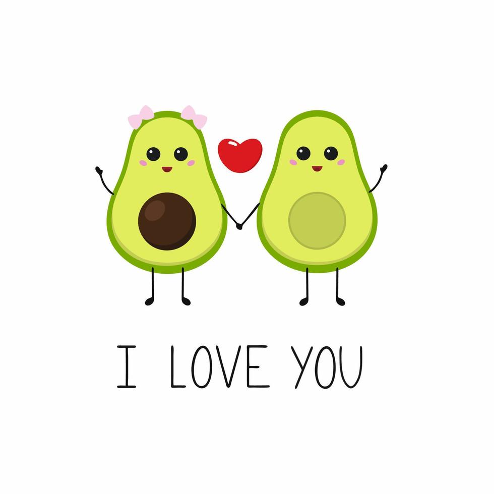 Cute avocado holding hands. Illustration for Valentine's day. Handwritten message I love you. Design of postcards, covers for notebooks, posters. vector