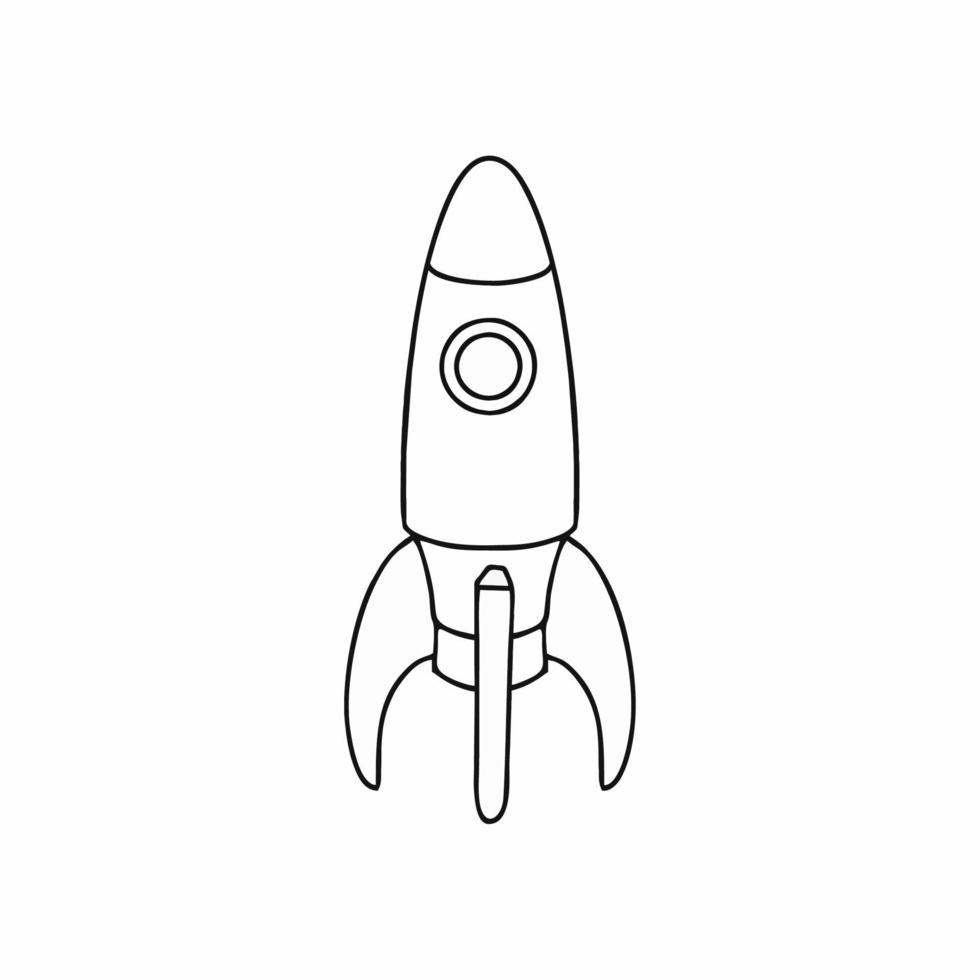 A space rocket drawn with a hand-drawn contour line in Doodle style. Rocket coloring book for kids. vector