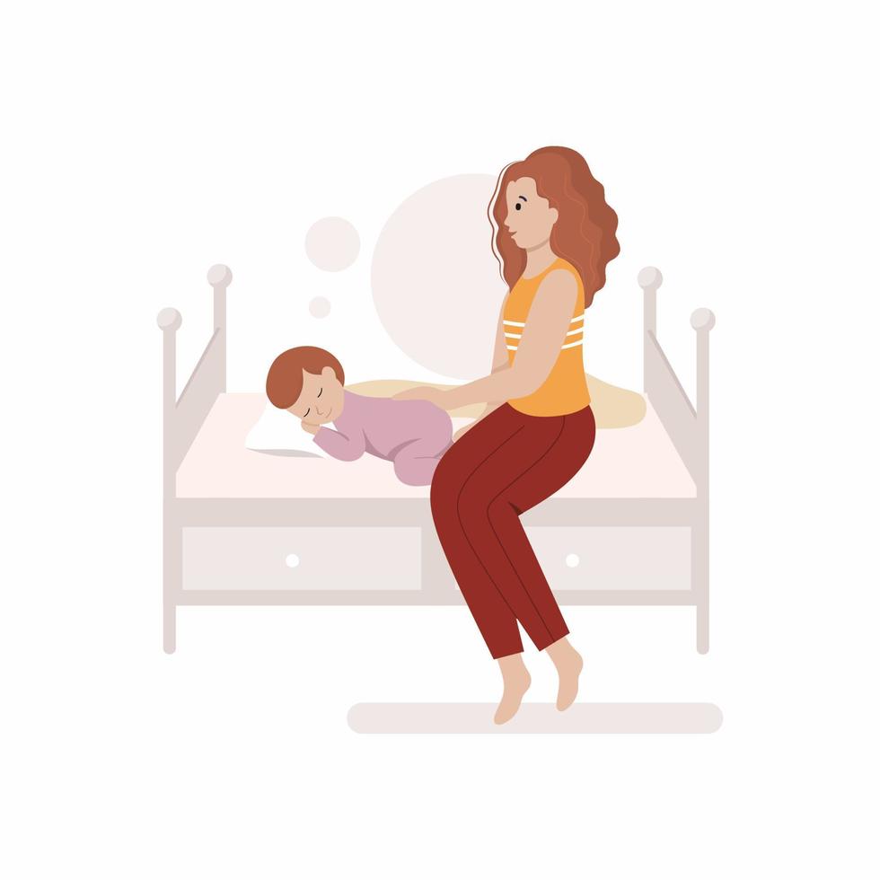 Mom puts a newborn baby to bed. Motherhood and child's sleep. A small child is sleeping on the bed. vector