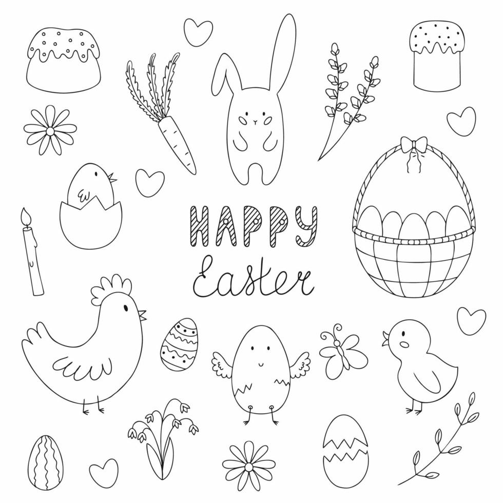 Large vector set for Easter and Christmas. Contour Doodle coloring book for kids. Lettering by the hand of happy Easter