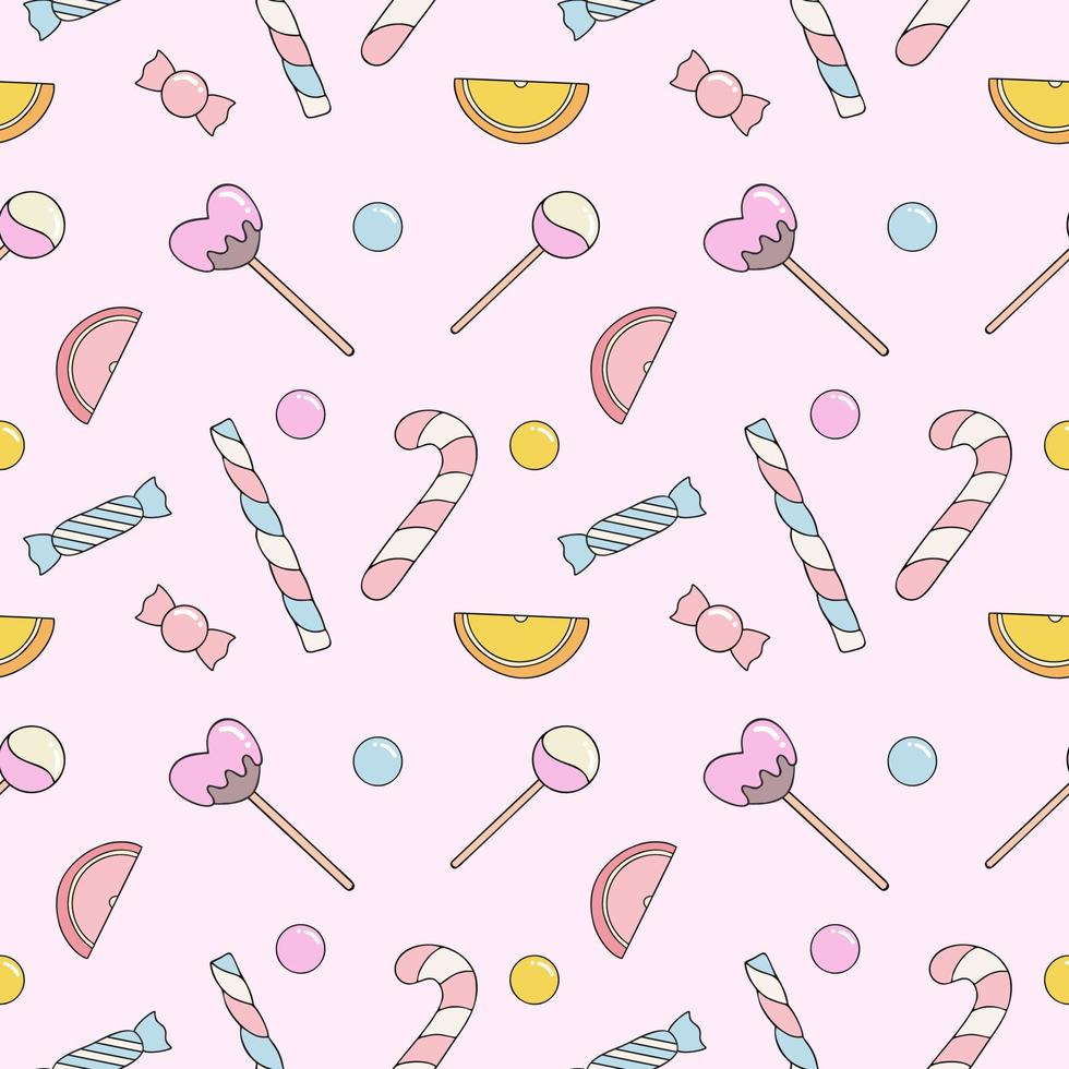 Pink pattern with sweet candies and lollipops. Seamless background for tailoring. Wallpaper for textiles, packaging paper. vector