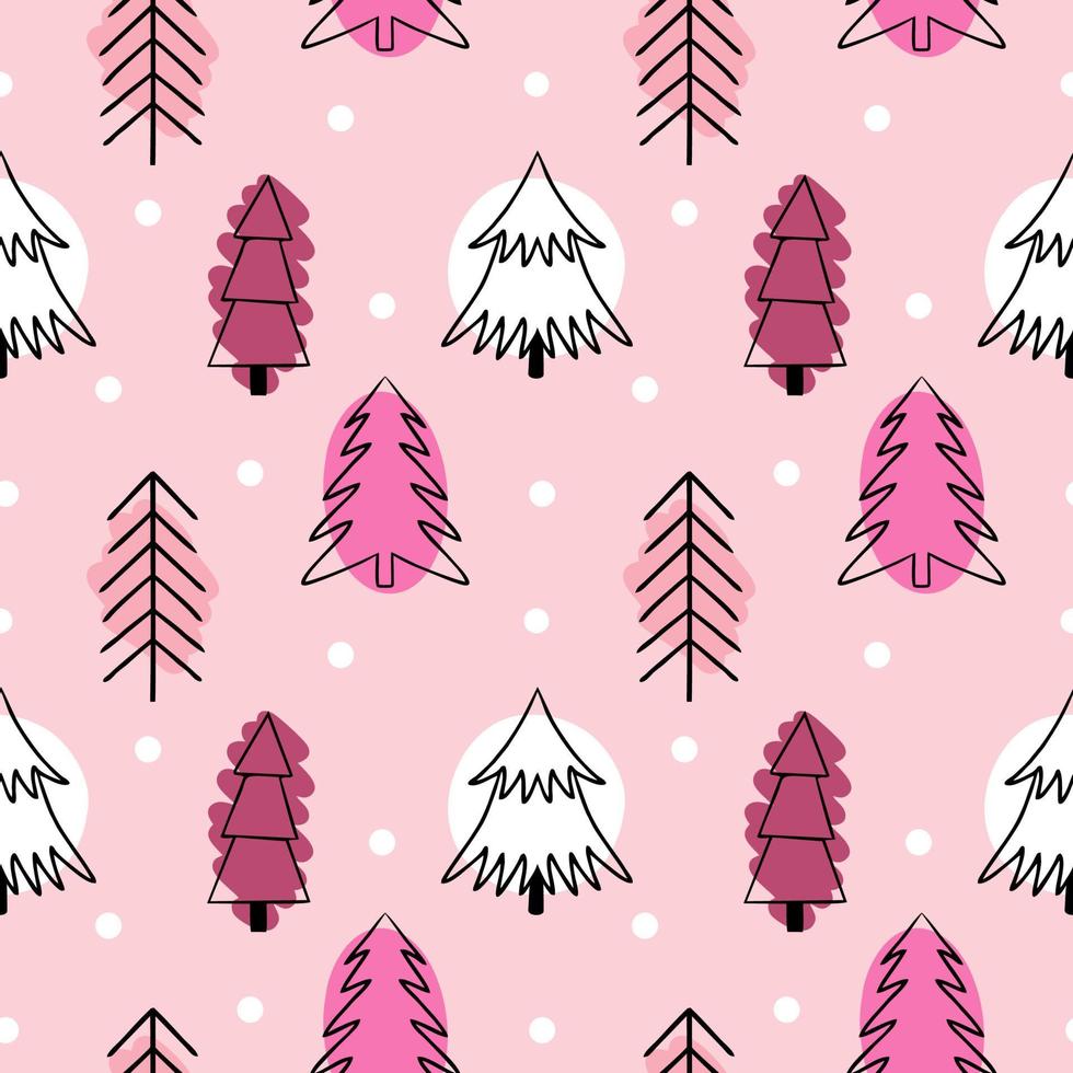 patrón transparente rosa con lindos árboles de Navidad. árboles al estilo del doodle. Fondo para imprimir en tela, papel tapiz, papel de embalaje. vector