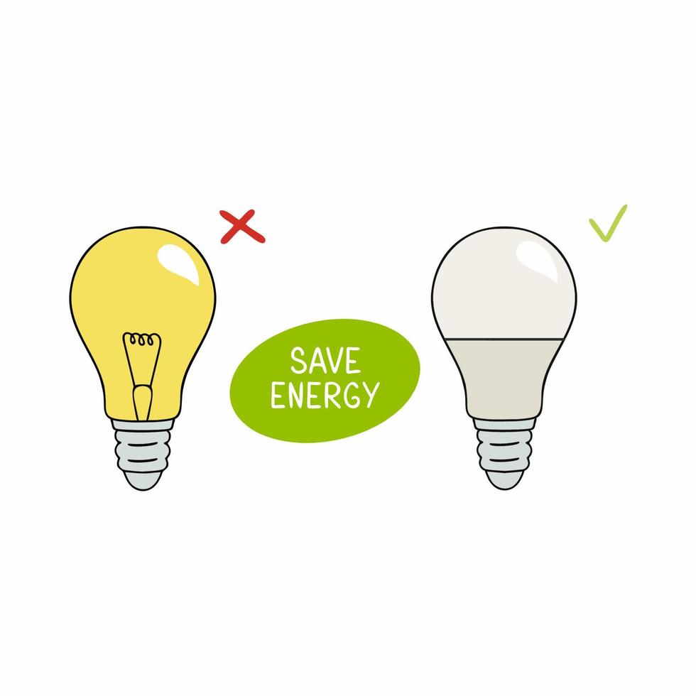 Incandescent lamp and led light with the inscription save energy. Illustration on the theme of careful attitude to nature and energy resources. vector