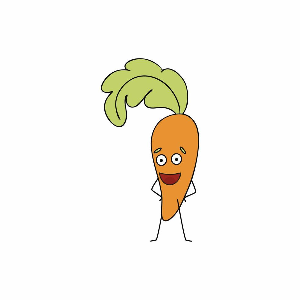 Funny carrot with a green twig. Healthy vegetables with eyes. Vector character for children in cartoon style