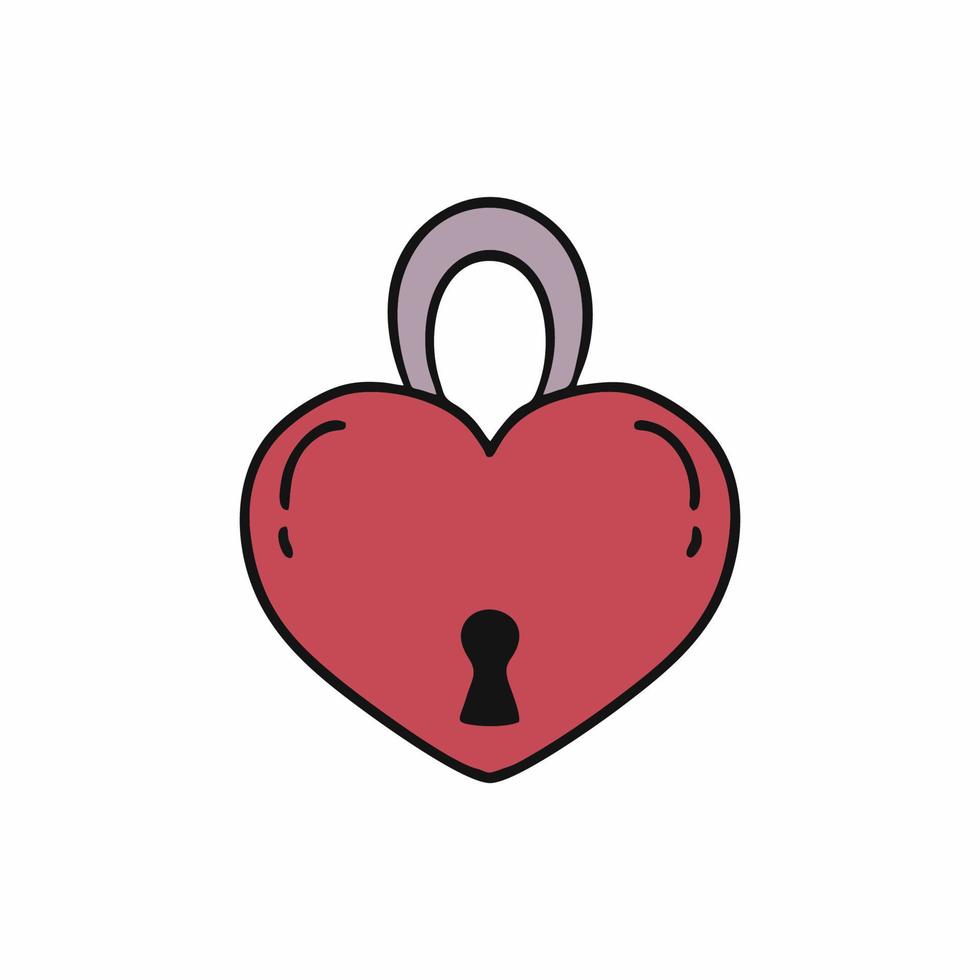 Lock for door in the shape of a red heart. Keyhole and lock. Vector sticker for Valentine's day or wedding.