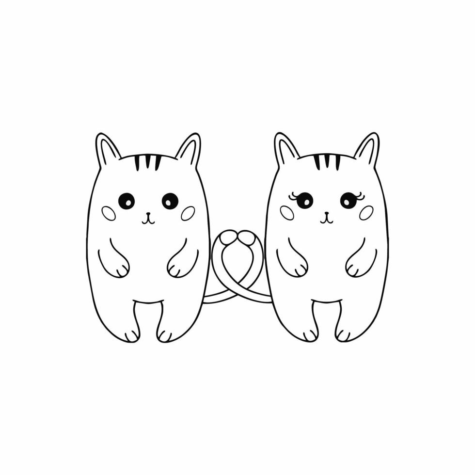 Two loving kittens drawn in the style of Doodle. Drawing of a kitten by hand. Illustration for Valentine's day. Coloring book for children. vector