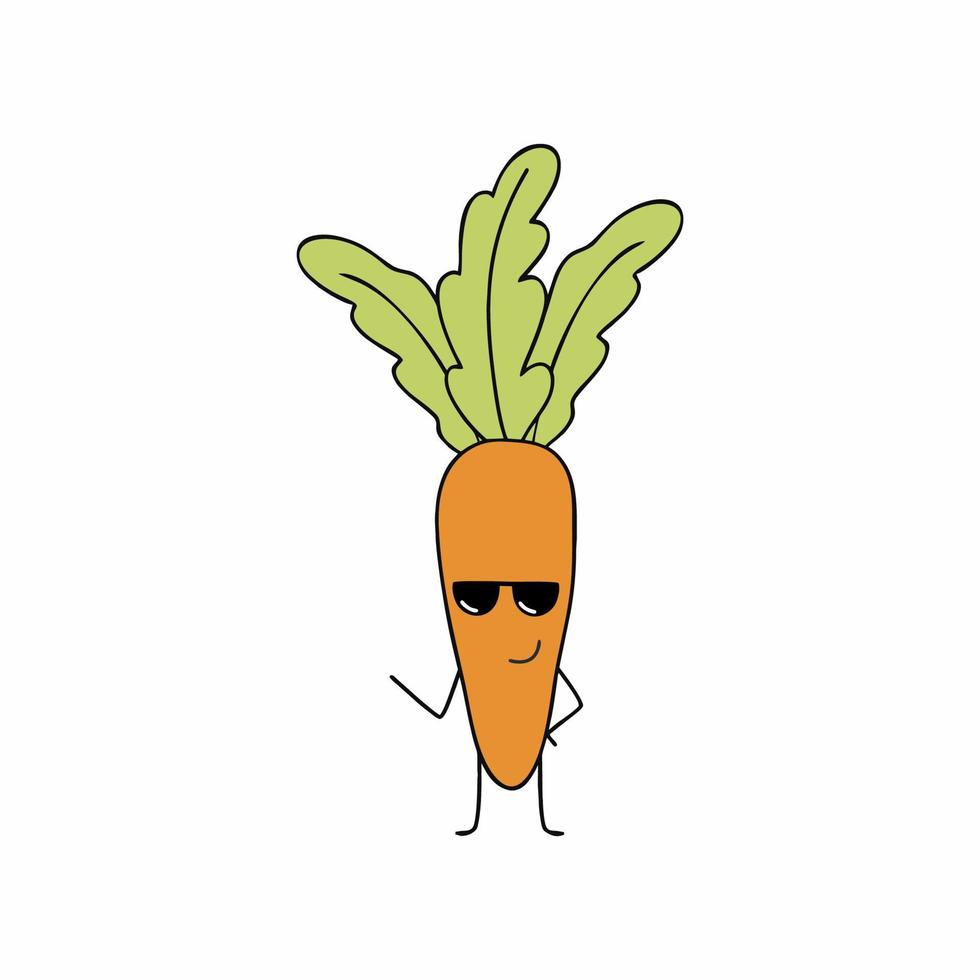 Orange carrot with black glasses. Funny carrot with eyes and face. Vector flat character for children's stickers. Children's cards with vegetables.