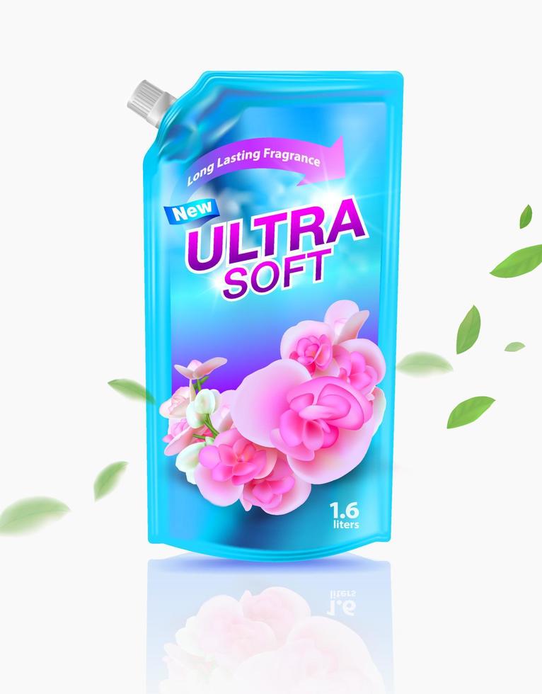 Fabric softener products refill Premium design, fragrant flowers, blue refill, silver bottle caps on a white background, advertising media, fabric softeners, iron detergent, dry cleaners, detergents. vector