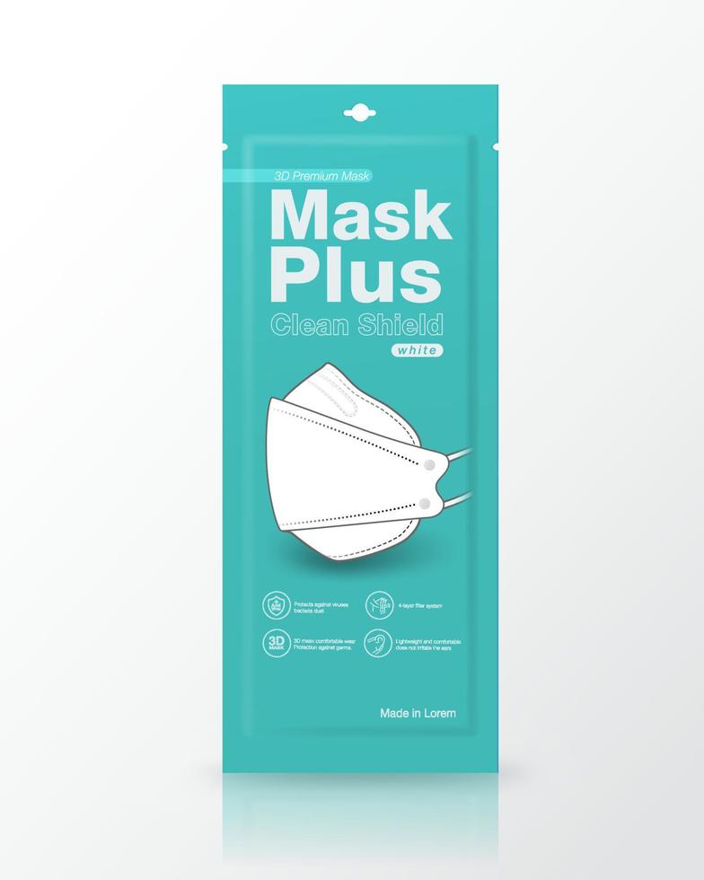 Sachet packaging medical masks 3D shape. Packing size 1 piece. mockup isolated on white background. Realistic file. vector