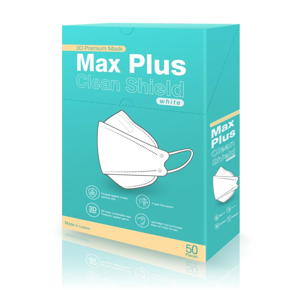 Green 3D medical mask packaging box designs, size 50 pieces, on isolated white background.assembling advertisements, packaging, printed media. Realistic file. vector