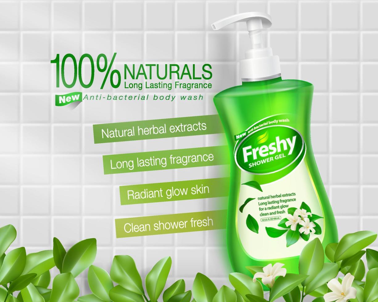 Liquid soap ad Clear plastic bottle with a clear green bath soap pump. from nature, fragrant flowers Shower gel products are placed on white tiles. foreground leaves and flowers. vector