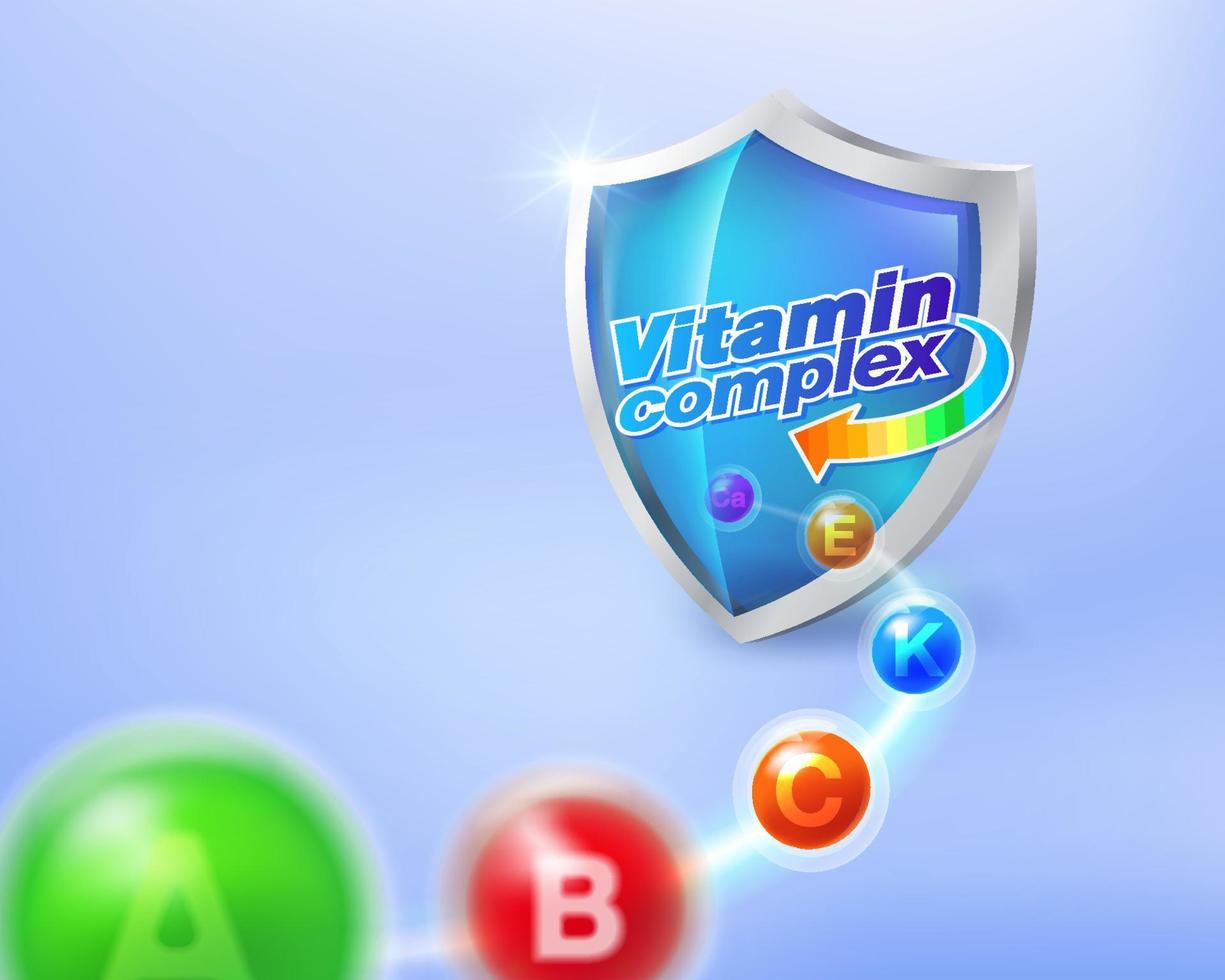 el concepto de complejo vitamínico se dirige hacia el escudo de vidrio azul. significa obtener energía de las tabletas multivitamínicas. publicidad de productos sanitarios, envases. vector