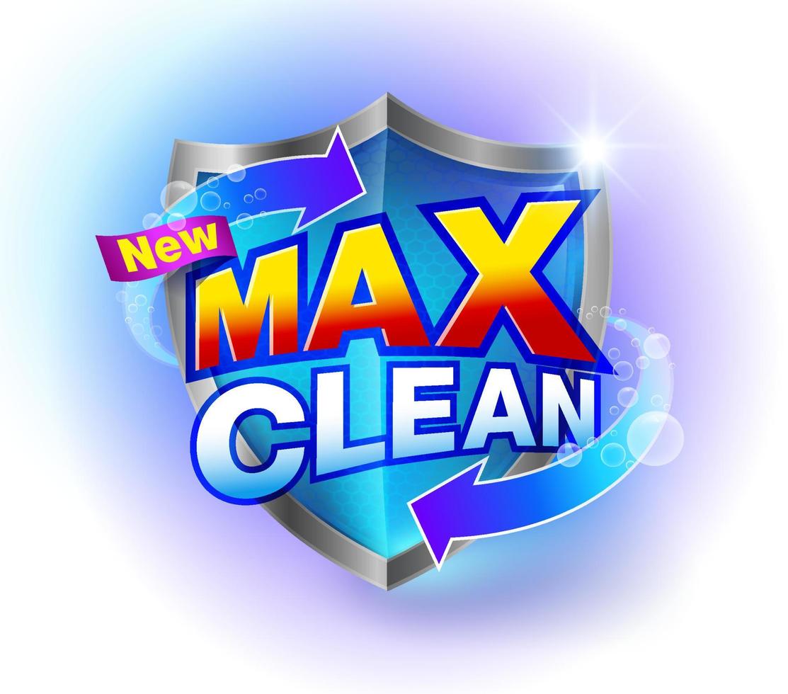 productos de limpieza de la marca max clean en un escudo azul cristalino transparente para embalaje, detergente, líquido de tocador, jabón, champú, servicio de limpieza. archivo realista. vector