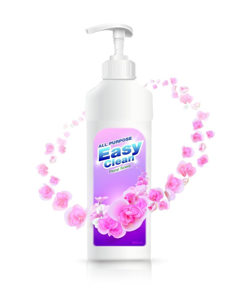 Floral scented multi-purpose cleaner packaging. Can clean all surfaces, kill bacteria, viruses, fungi for good hygiene.Realistic file. vector