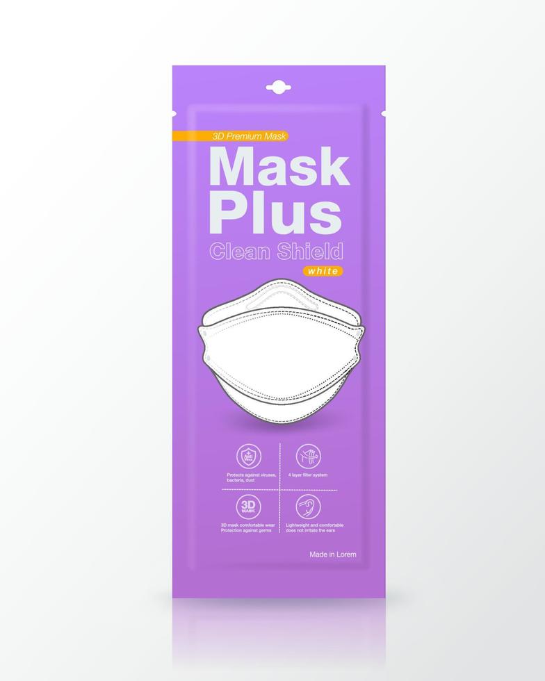 Sachet purple packaging medical masks 3D shape. Packing size 1 piece. mockup isolated on white background. Realistic file. vector