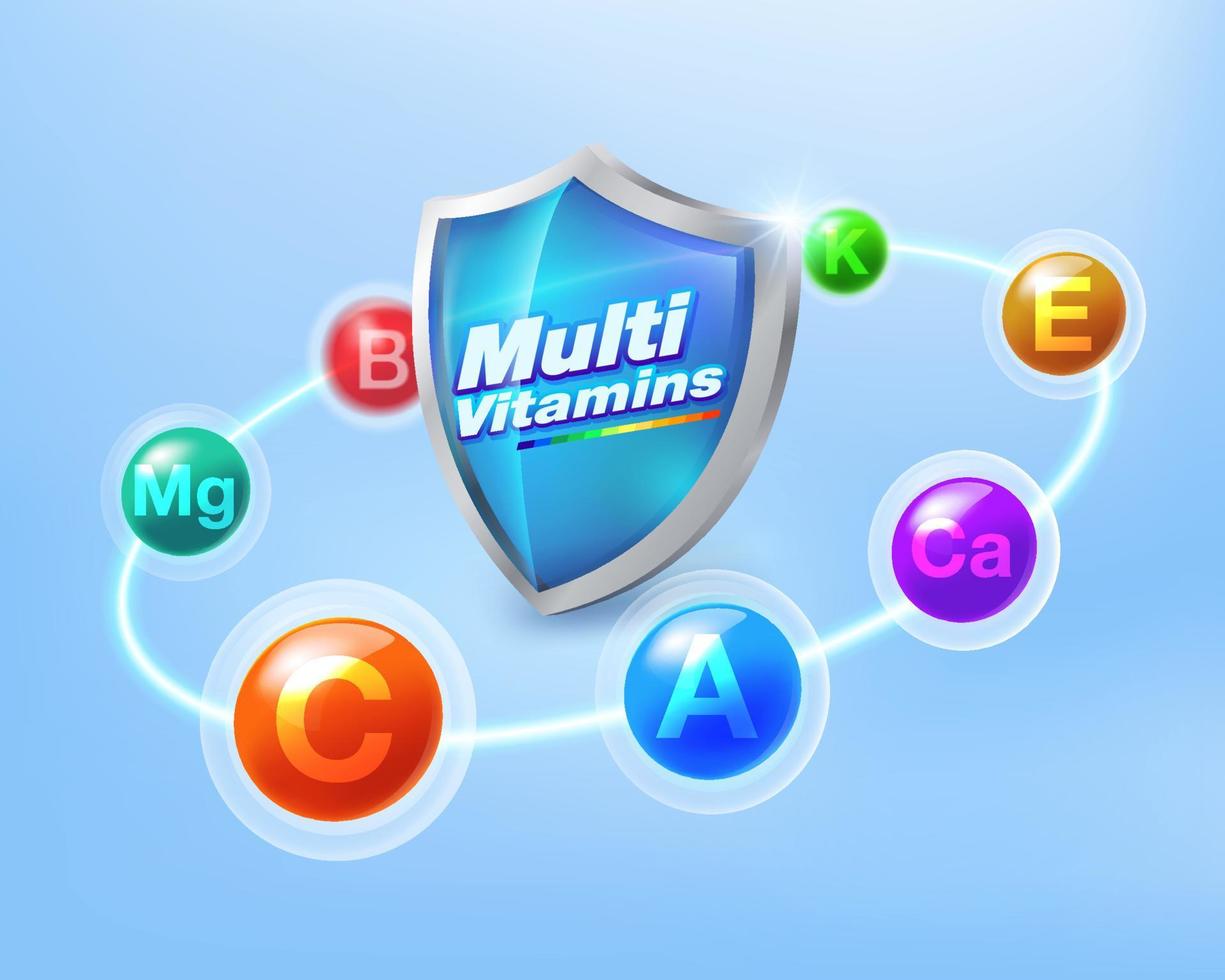 Multivitamin inspiration Protect the body and stay healthy, vitamins shield icon concept. vector