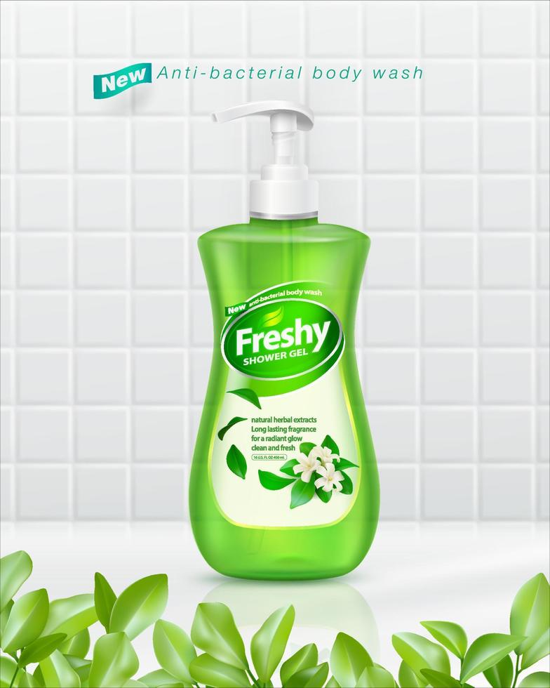 Bath soap ad Protects against germs and bacteria Made from natural extracts, fragrant flowers. long lasting freshness Pump bottle Isolated product on white tile background with foreground leaves. vector