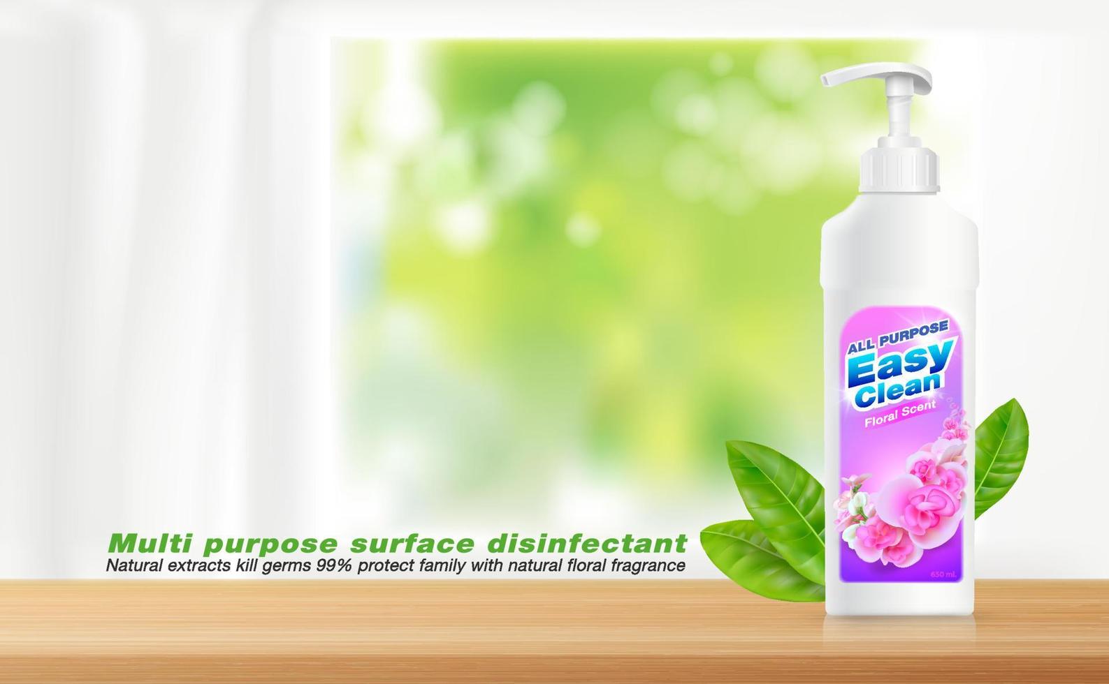 Multipurpose surface disinfectant ad. Natural extracts kill germs, protect your family with the fragrance of natural flowers. Realistic file. vector