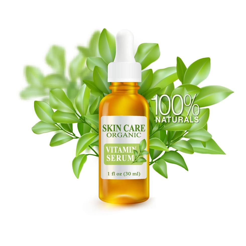 Serum packaging Skincare in a golden yellow glass bottle. Made from natural extracts bouquet of leaves on a white background Realistic 3D advertising illustration. vector