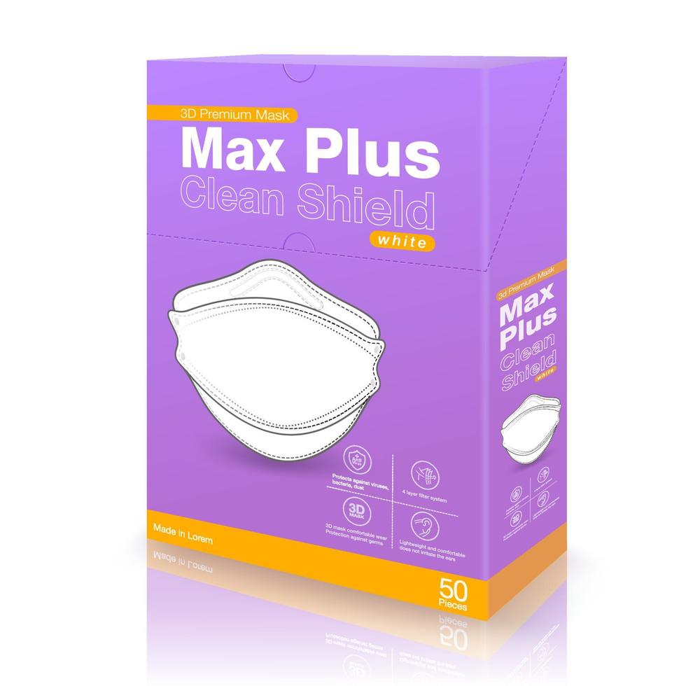 Purple 3D medical mask packaging box designs, size 50 pieces, on isolated white background.assembling advertisements, packaging, printed media. Realistic file. vector