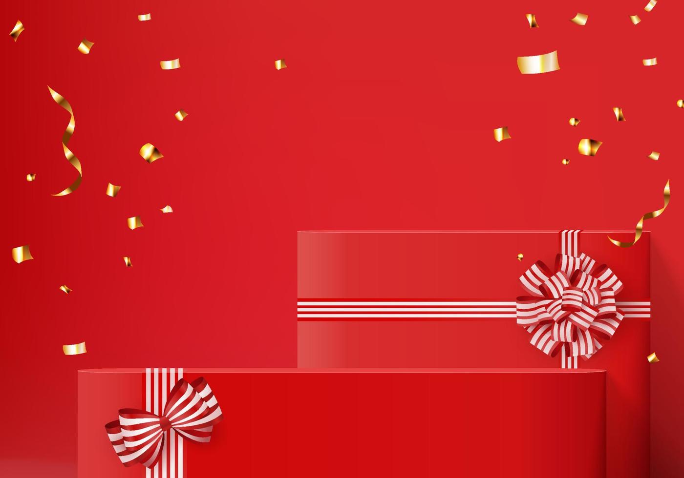 3d background gift box with red bow display product for Christmas. Product display background vector 3d rendering with minimal podium studio. stand for cosmetic on red gift box in new year day