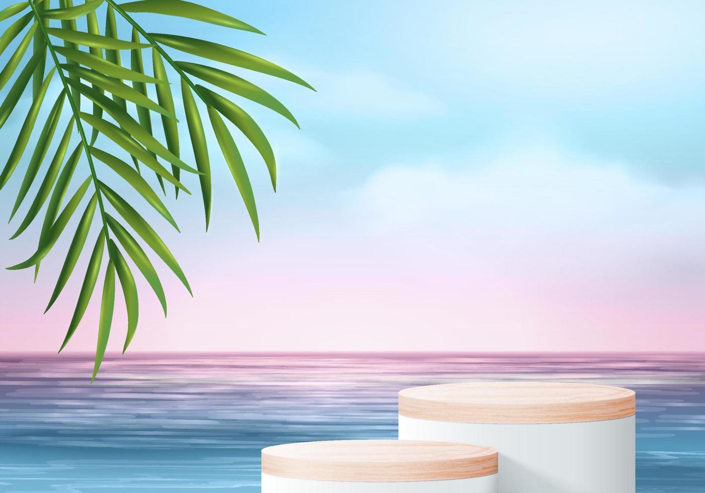 3d summer background product display podium scene with leaves. summer background vector 3d render on ocean, wood podium display in sea. stand show cosmetic product display blue sky cloud