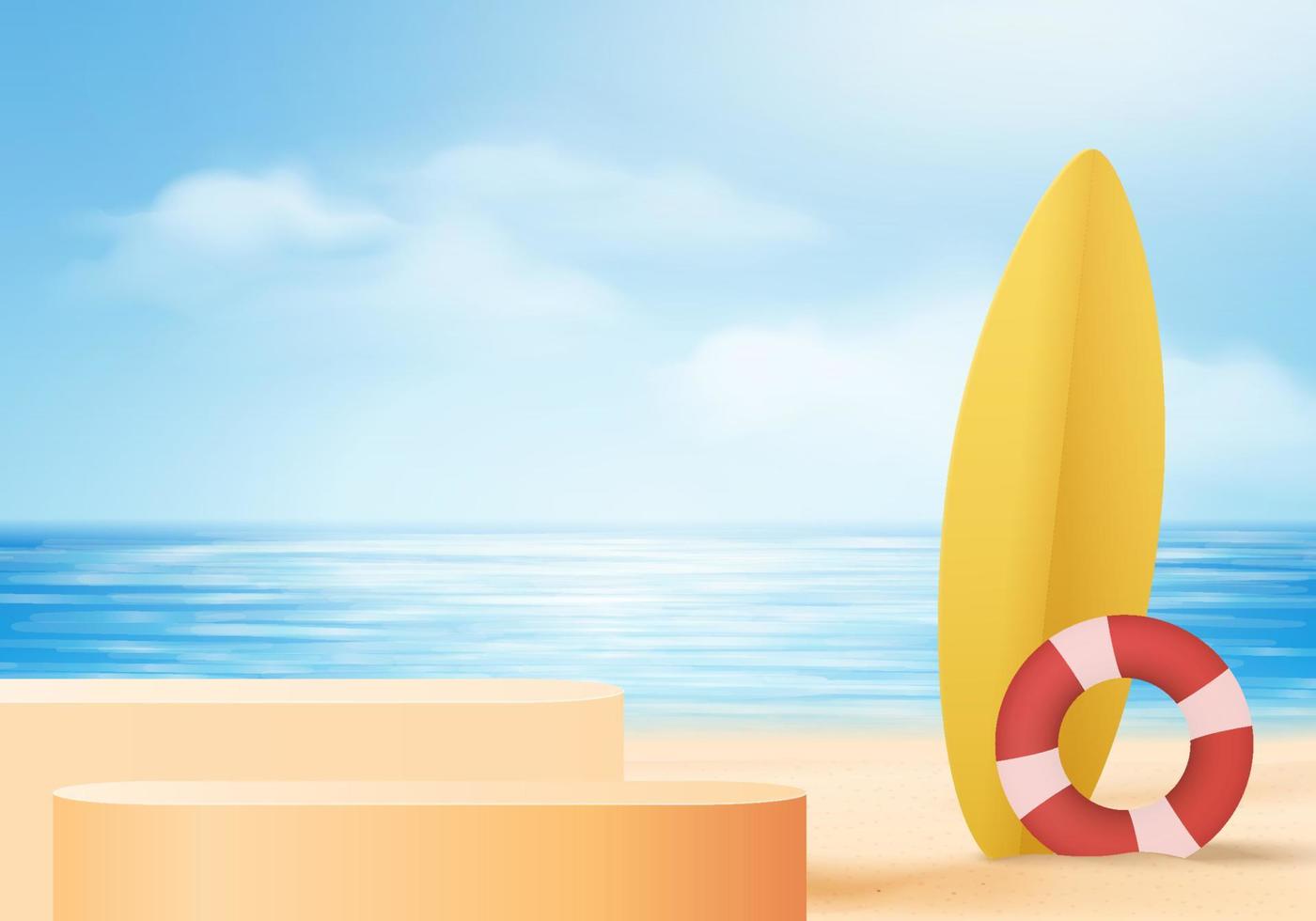 3d summer background product display platform scene with surfboard platform. sky cloud summer background vector 3d render on the ocean display. podium on sand beach cosmetic product display stand
