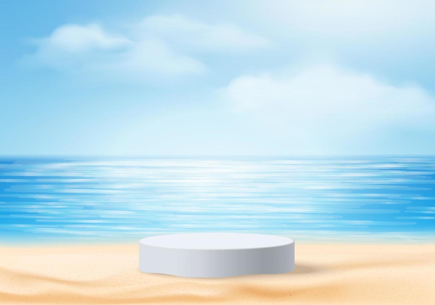 Escena del podio de la exhibición del producto del fondo del verano 3d con la plataforma de la nube. vector de fondo de verano render 3d en el océano, podio en el mar. stand mostrar producto cosmético mostrar cielo azul