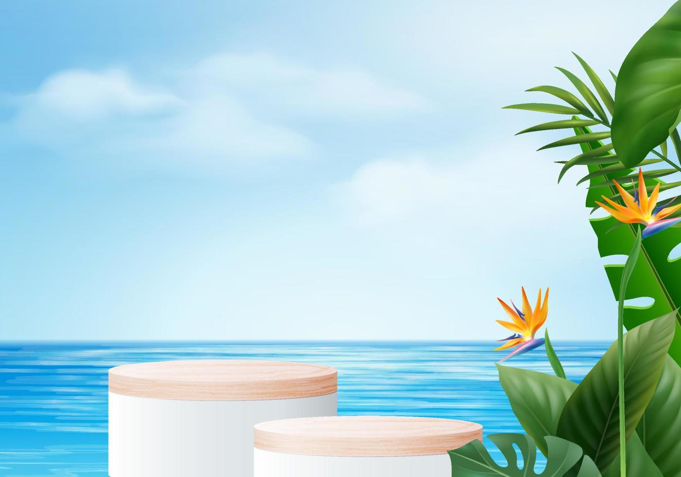 3d summer background product display podium scene with leaves. summer background vector 3d render on ocean, wood podium display in sea. stand show cosmetic product display blue sky cloud