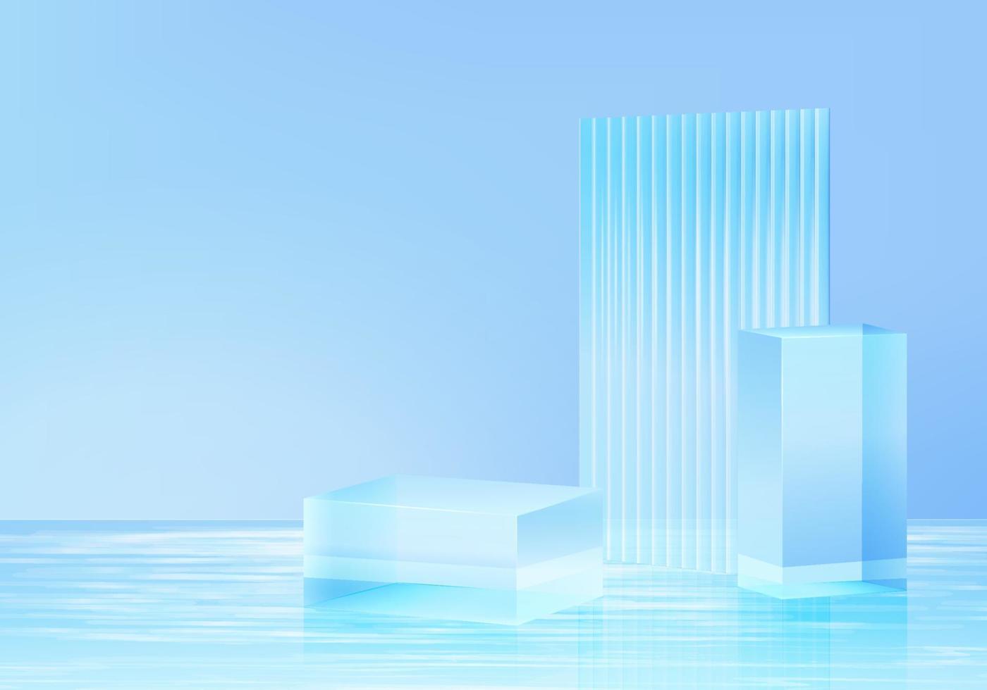 Plataforma de fondo 3d con vidrio azul en el agua. vector de fondo plataforma de podio de cristal de representación 3d. stand mostrar producto cosmético. Escaparate de escenario sobre pedestal moderno estudio de vidrio en plataforma de agua