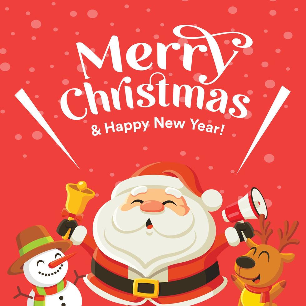 Merry Christmas and happy new year greeting with cute Santa Claus, snowman and reindeer. Holiday in winter season vector