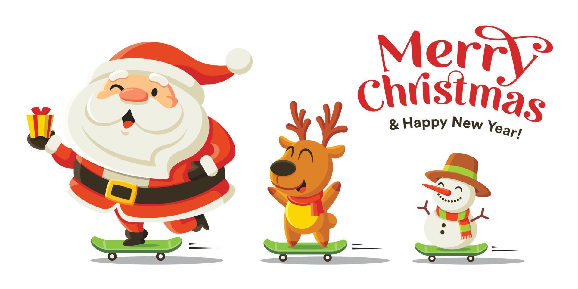 Merry Christmas and happy new year greeting with cute Santa Claus, snowman and reindeer riding skateboard. Holiday in winter season vector