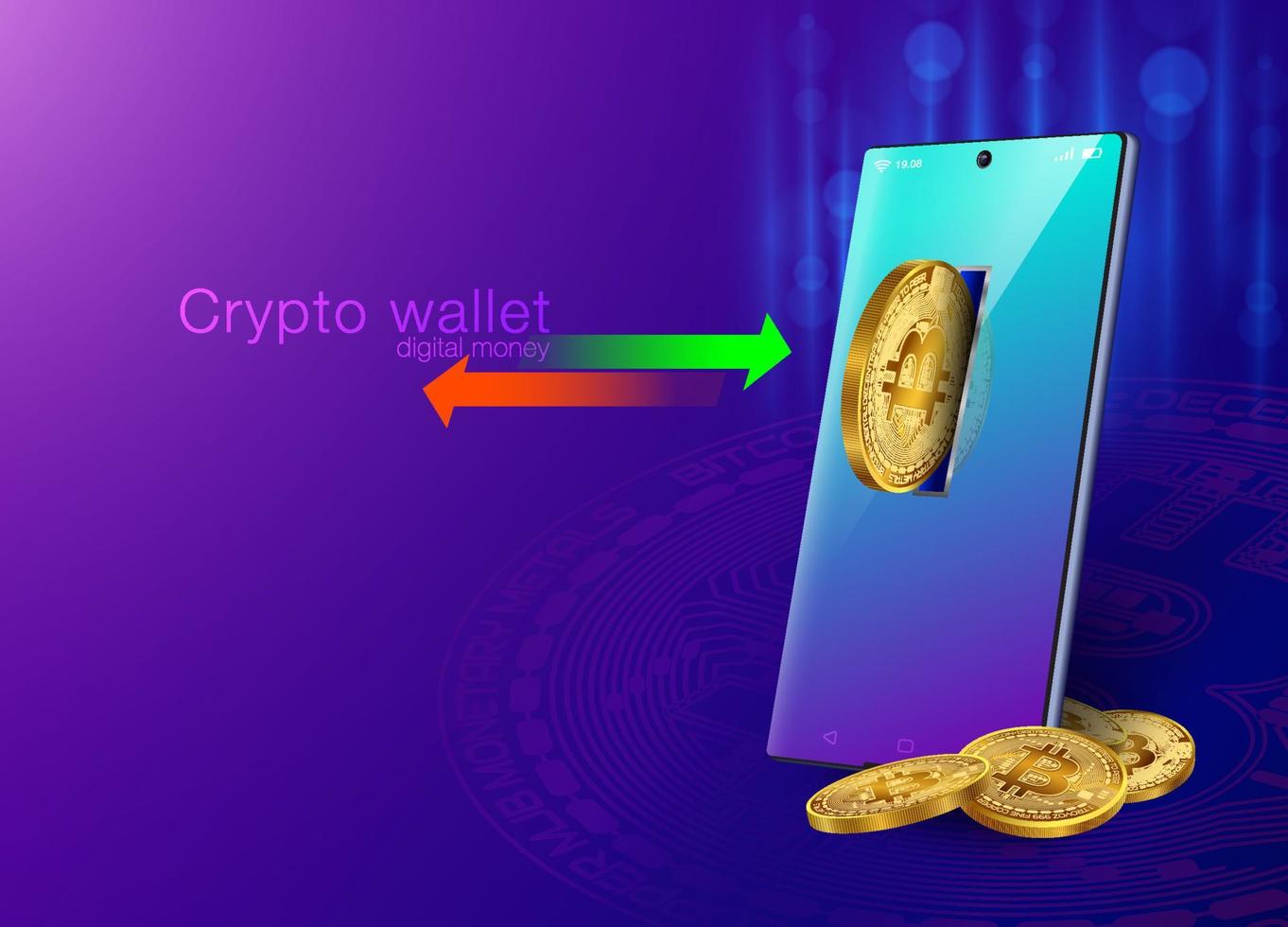 Crypto wallet, transfer money, deposit, withdraw digital money with smart wallet on smartphone. vector