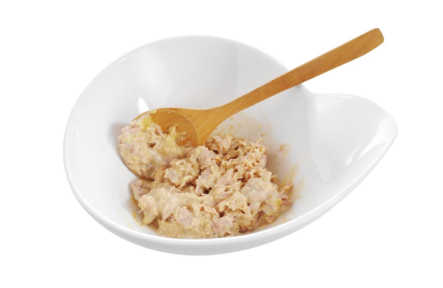 tuna spread in white ceramic bowl on white background photo