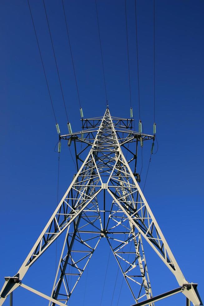 High power lines against clear blue sky photo