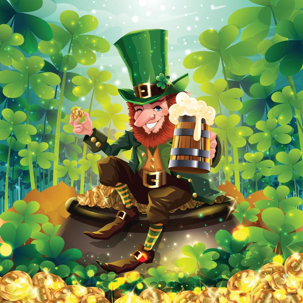 St. Patrick's Day Leprechaun Sitting on a Cauldron with Gold Coins vector