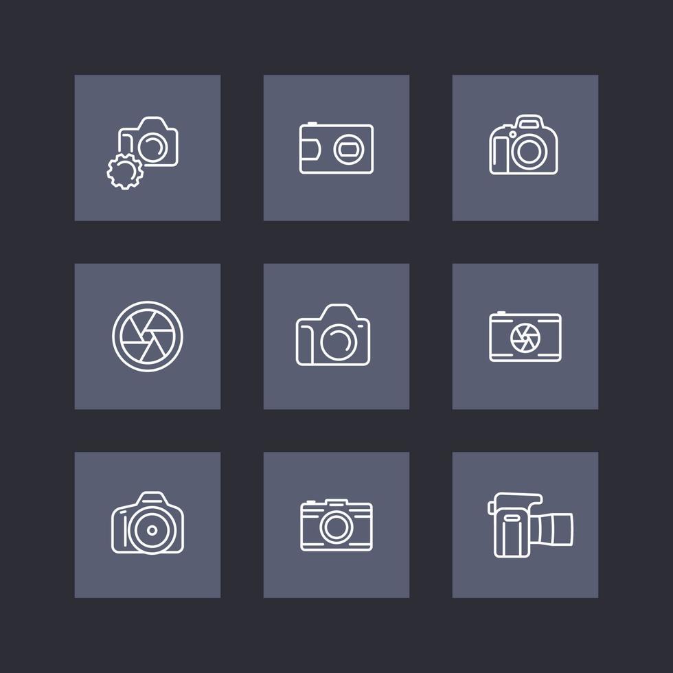 camera, photography line icons, dslr, aperture, slr camera square icons set, vector illustration