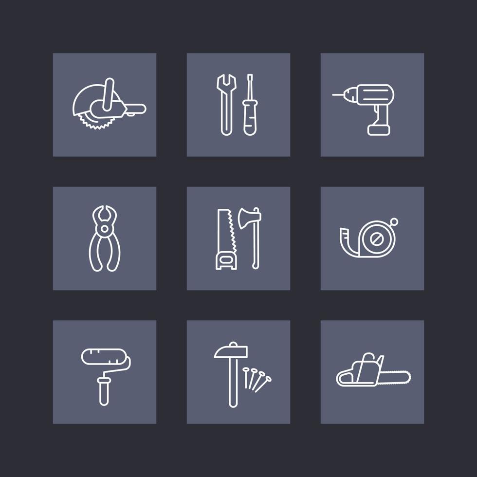 construction tools line icons on squares, wrench, drill, saw, chainsaw, hammer, vector illustration