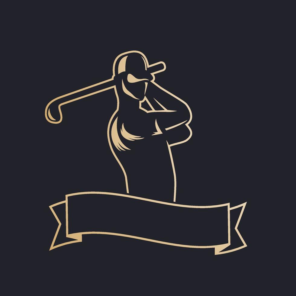 golf logo template with golf player swinging club, gold on dark vector