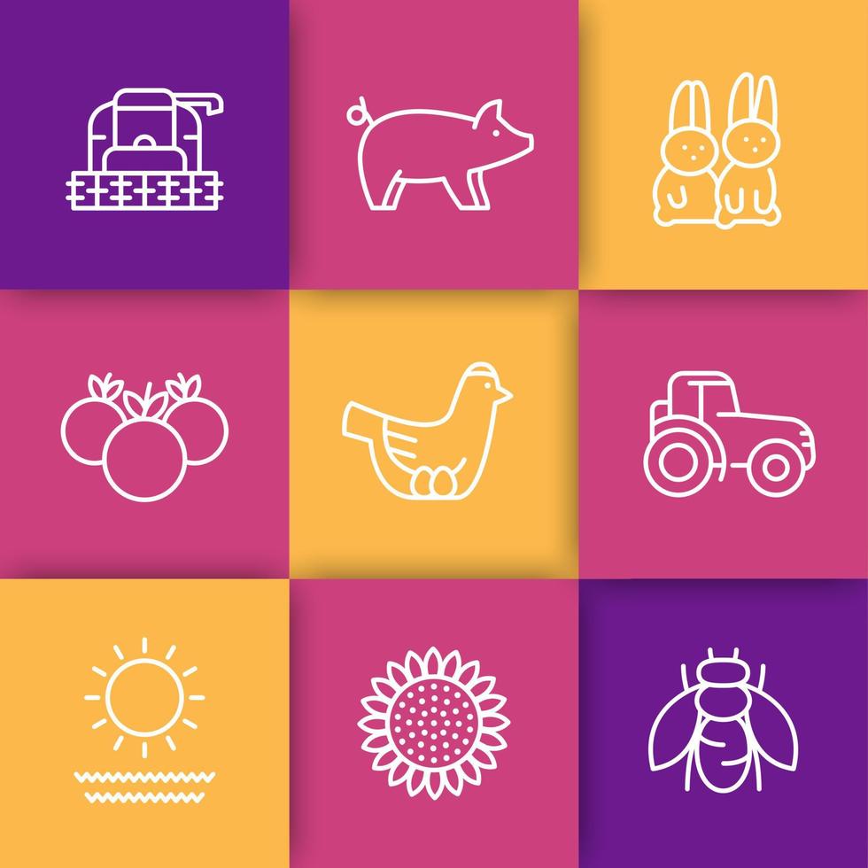 Farm, ranch line icons set, hen and eggs, pig, crop, vegetables, sunflower, harvest, rabbits, vector illustration