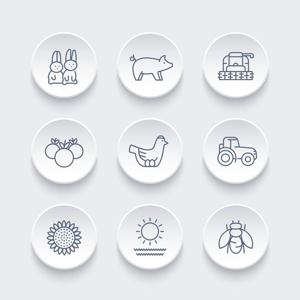 Farm, ranch line icons set, hen and eggs, pig, crop, vegetables, sunflower, harvest vector