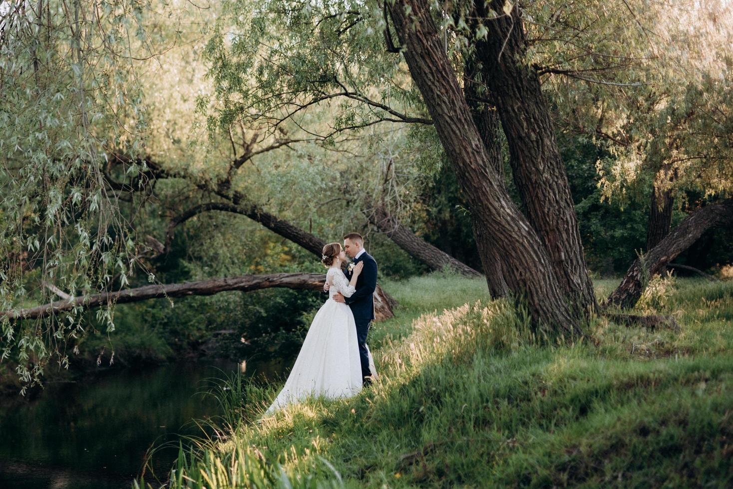 the groom and the bride are walking in the forest near a narrow river photo