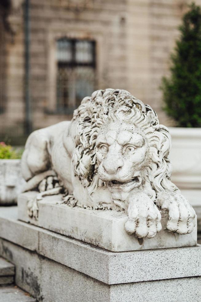 Escultura de un león en posición reclinada hecha de piedra a la entrada del castillo. foto