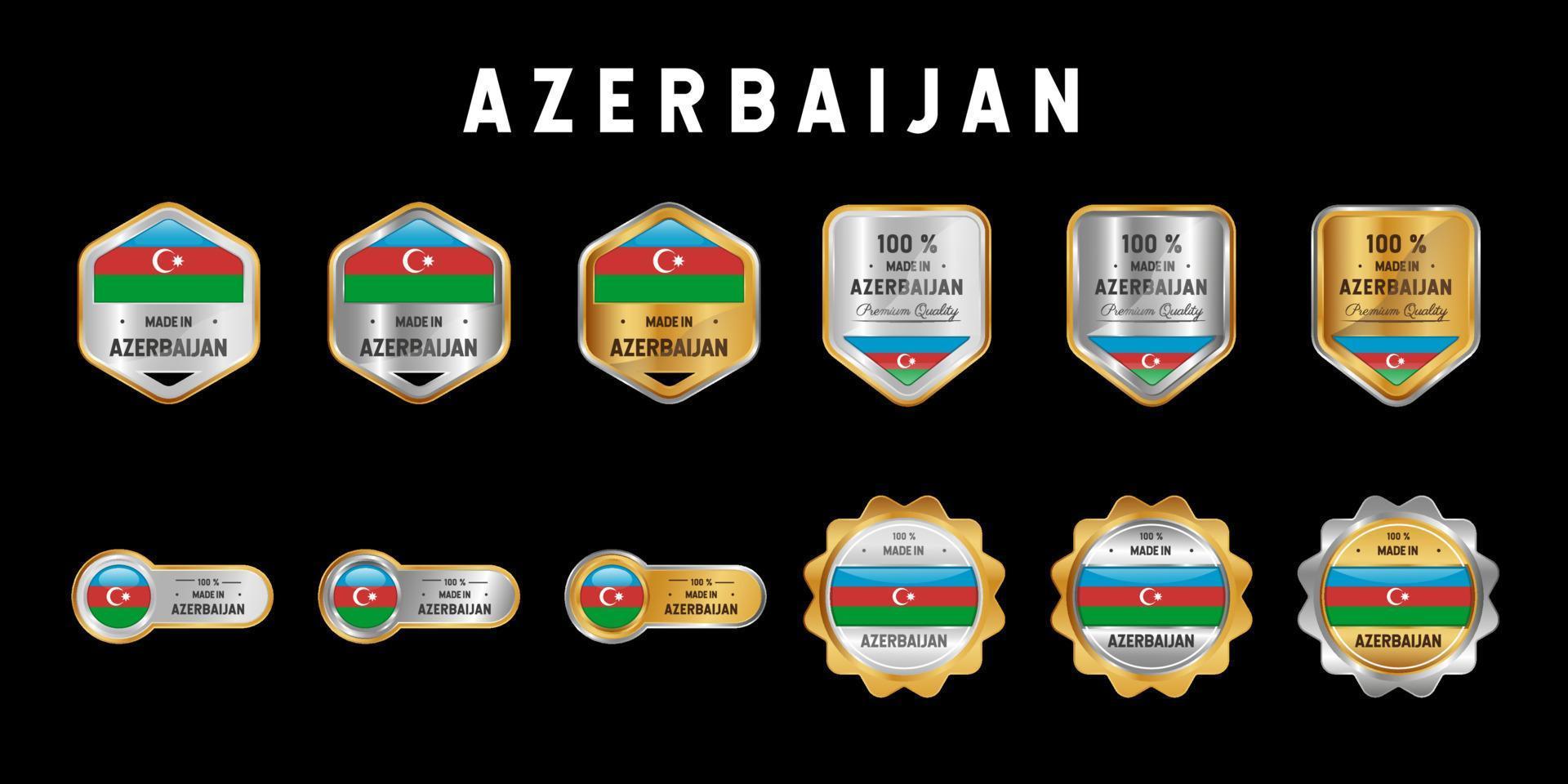 Made in Azerbaijan Label, Stamp, Badge, or Logo. With The National Flag of Azerbaijan. On platinum, gold, and silver colors. Premium and Luxury Emblem vector