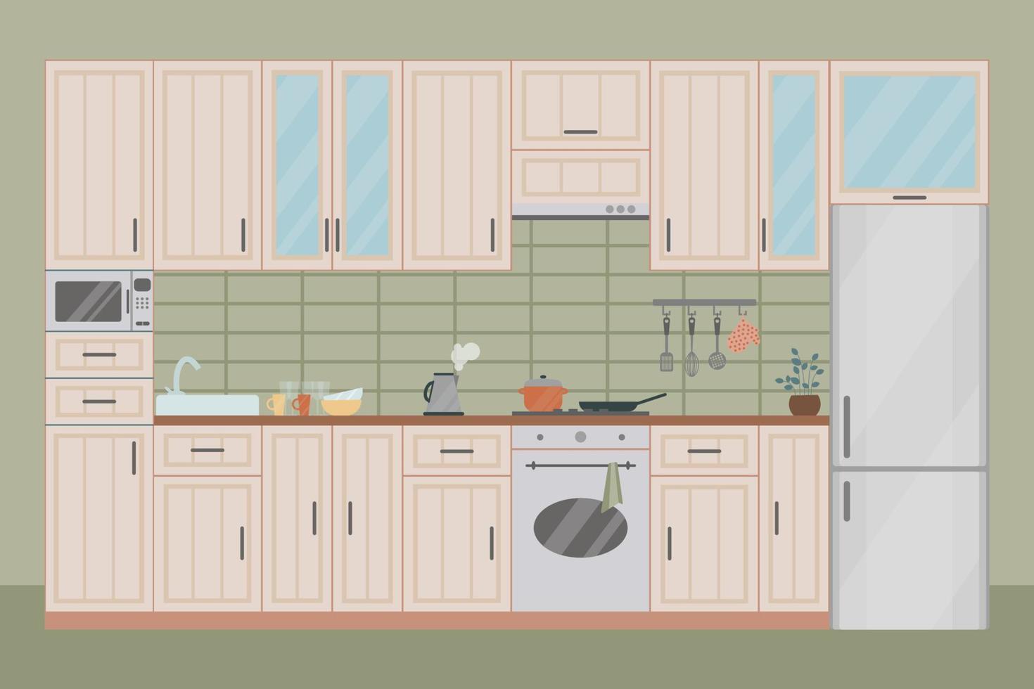 Cozy kitchen interior, flat vector illustration. Refrigerator, furniture, oven, flowerpot, kettle, dish towel, crockery.