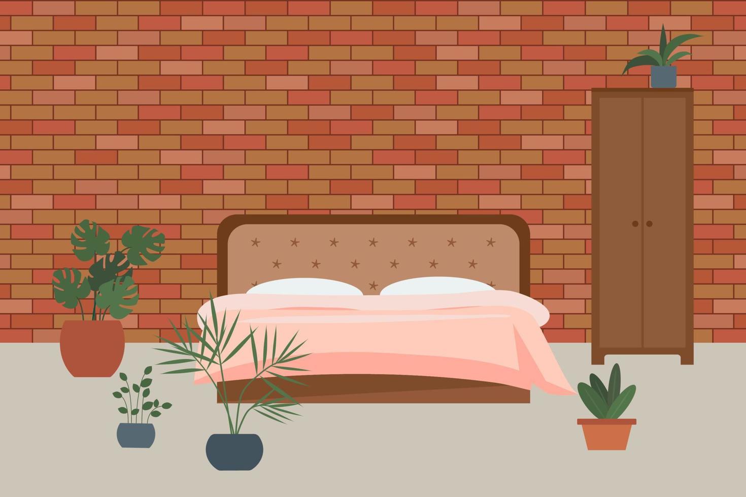 Bedroom interior in a loft style, with a brick wall. vector