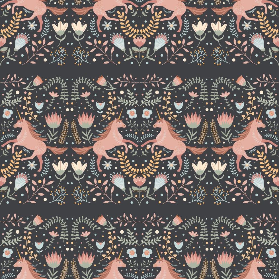Seamless pattern with unicorns and floral motifs in folk art style vector